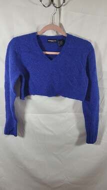 Vintage Express Jeans Blue Cropped V-Neck Lambswool Blend Fuzzy Knit Sweater Sma